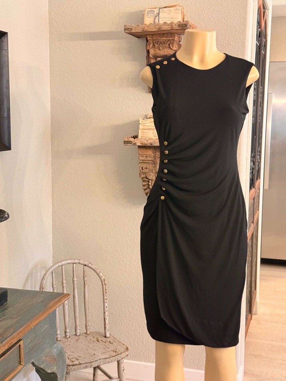 calvin klein form fit knee length sleeveless button adorned accents BLACK DRESS